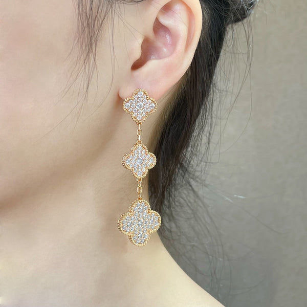 ˇShiny JewelryˇCLOVER 3 MOTIFS DIAMOND PAVED ROSE GOLD EARRINGS