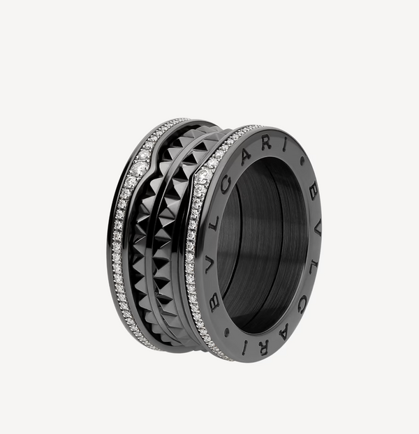 ˇShiny JewelryˇZERO 1 ROCK FOUR-BAND BLACK CERAMIC WITH STUDDED SPIRAL AND PAVED DIAMONDS RING