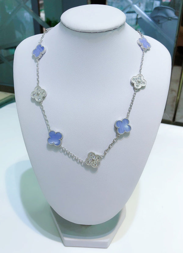ˇShiny JewelryˇCLOVER 10 MOTIFS CHALCEDONY DIAMONDS SILVER NECKLACE